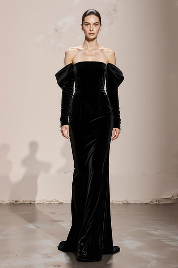Mermaid Black Strapless Velvet Long Military Ball Dresses with Sleeves